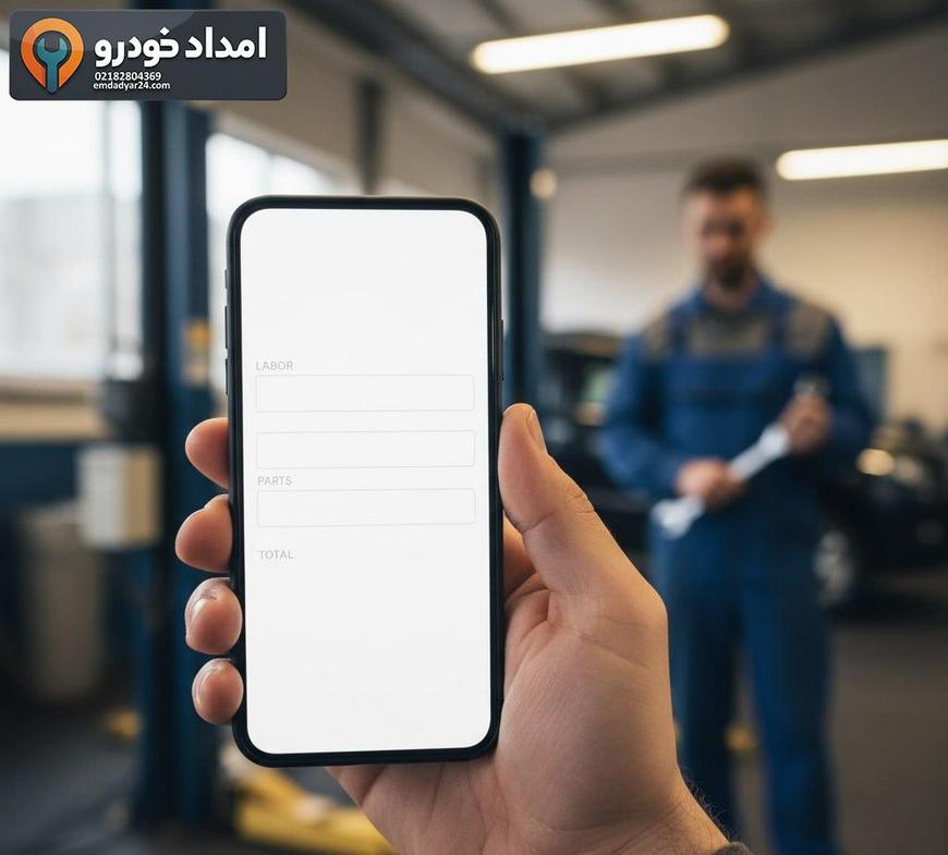 هزینه واقعی خرابی خودروهای ایران خودرو در تهران: ۲۰۷، تارا، دنا پلاس (توقف، جابهجایی، تعمیر) مفهوم شفافیت هزینه: راننده با گوشی و مکانیک در پسزمینه