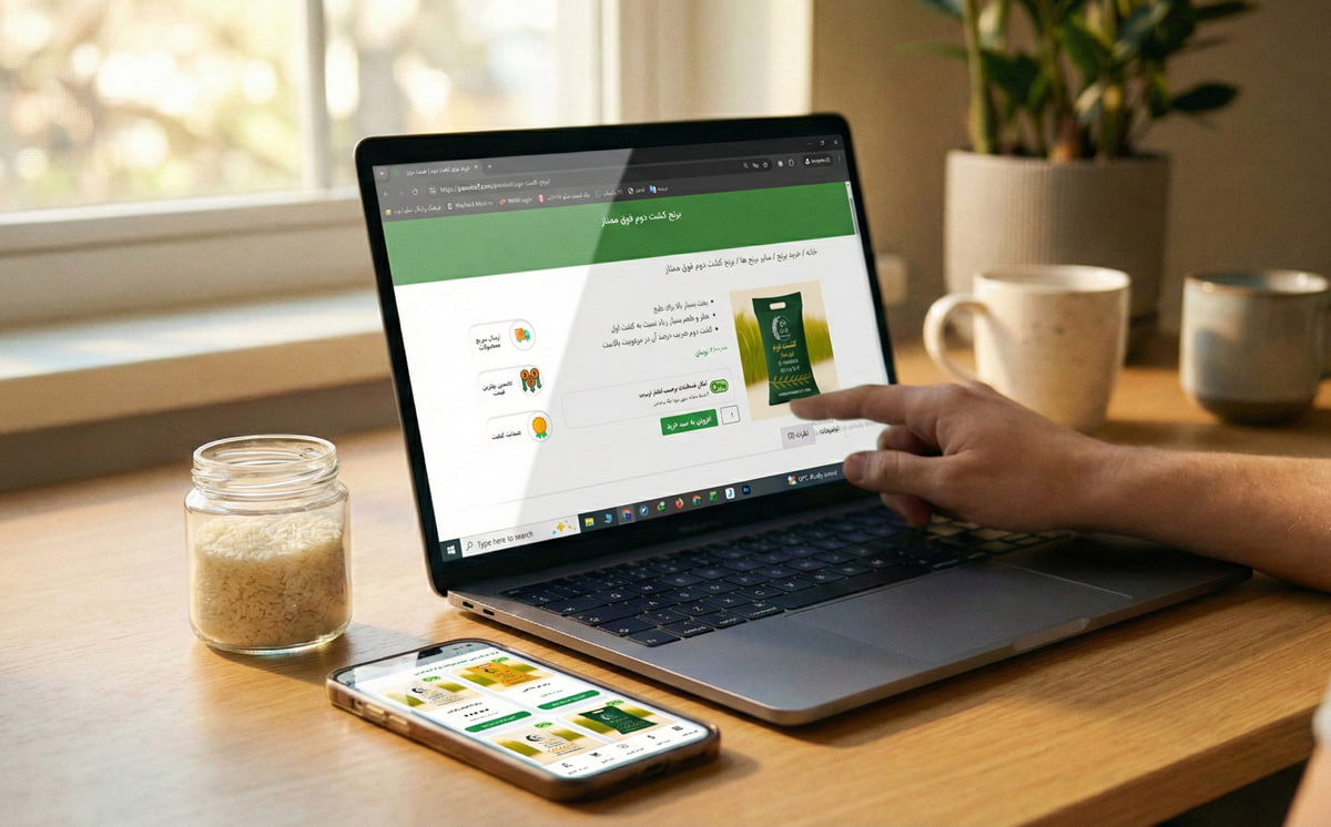 تصویر خرید برنج ایرانی به صورت اینترنتی با لپ تاپ و موبایل