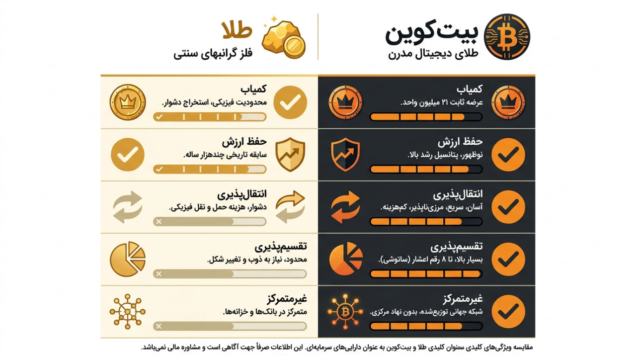 شباهت‌های کلیدی بیت کوین و طلا