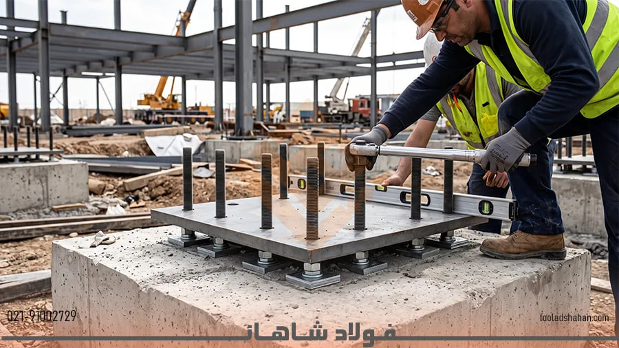 نصب دقیق صفحه ستون 40*40 روی فونداسیون بتنی اسکلت فلزی