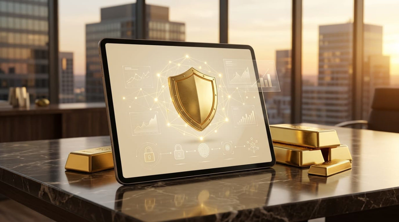چند شمش طلا کنار یک تبلت در حال نمایش آیکون امنیت